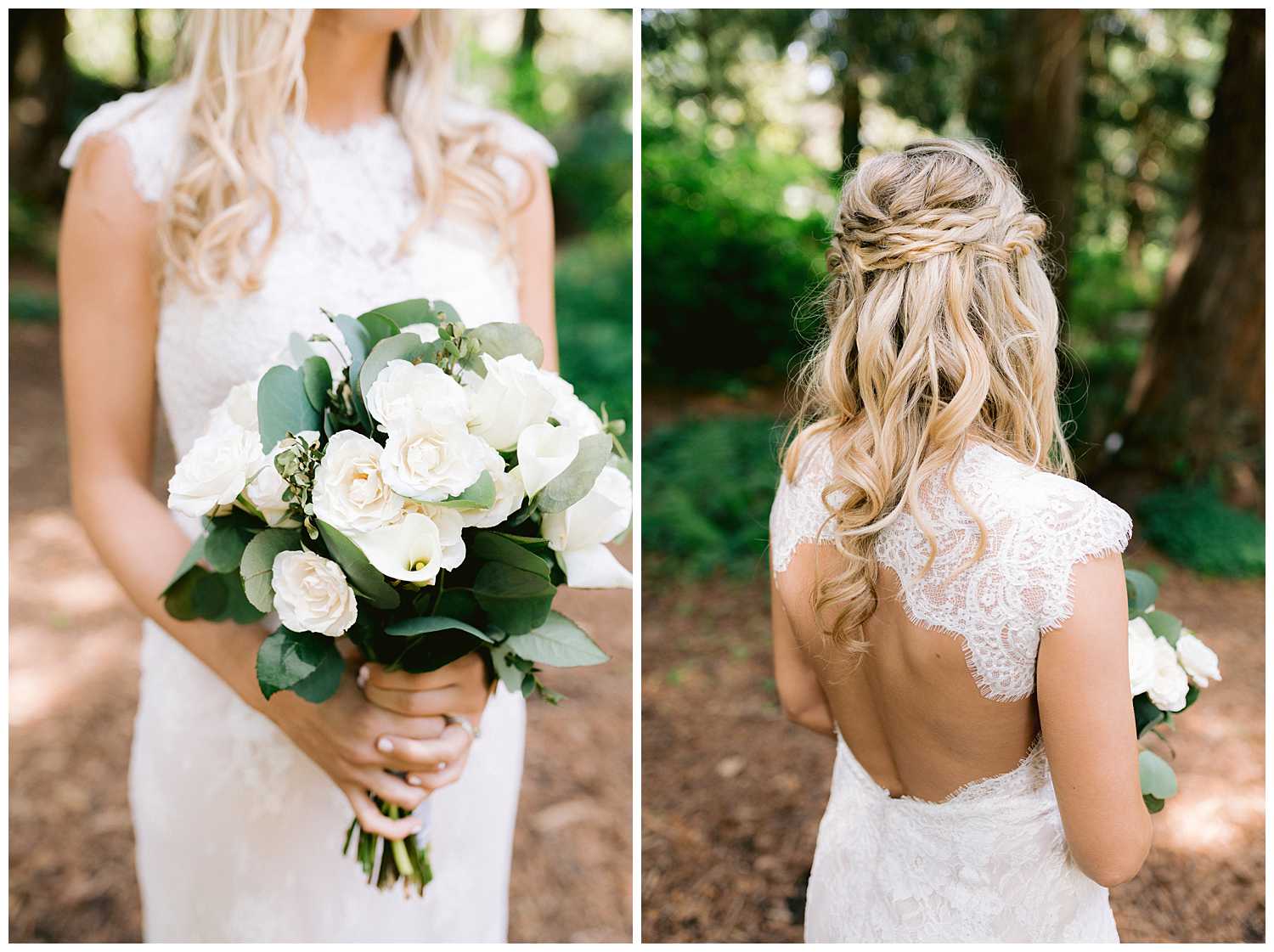 Close ups of Kelsey's bridal bouquet and the lace detail of the back of her bridal gown