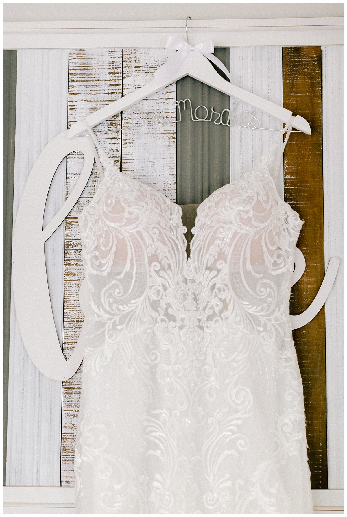Liliana's wedding dress with custom hanger before the Deer Park Villa Wedding