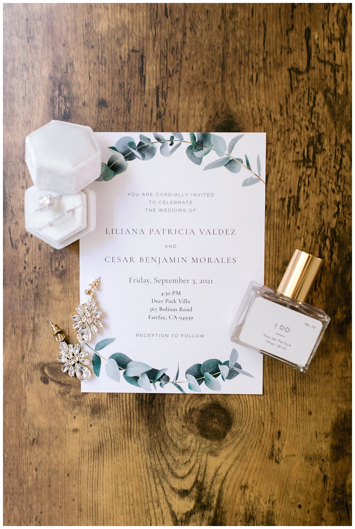 Custom wedding stationary, wedding rings, and accessories before the Deer Park Villa Wedding