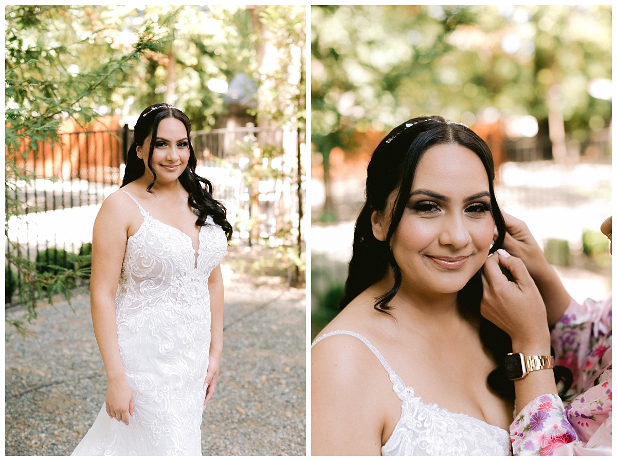 Liliana putting on her bridal earrings before the Deer Park Villa Wedding