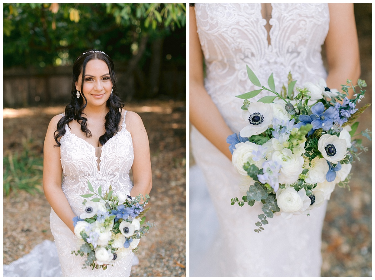 Liliana with her blue and white bridal bouquet