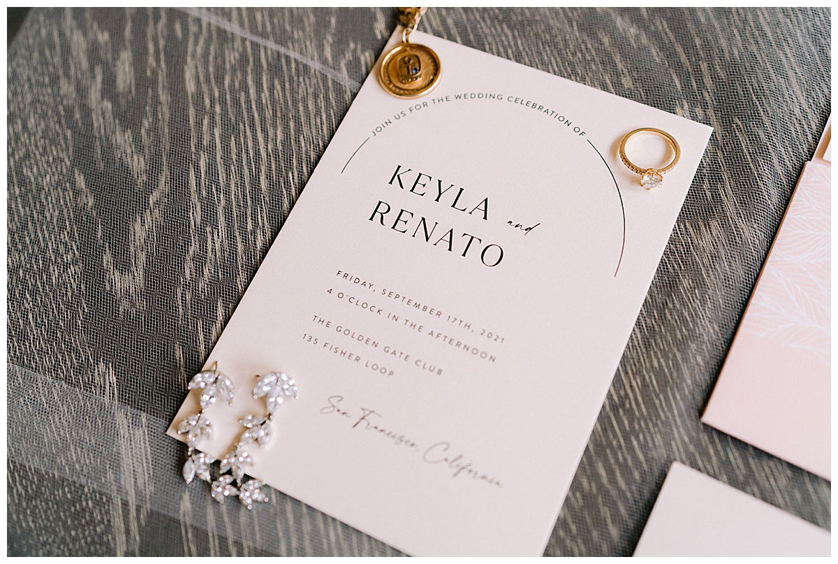 Wedding stationary and bridal jewelry for the Golden Gate Club Wedding 