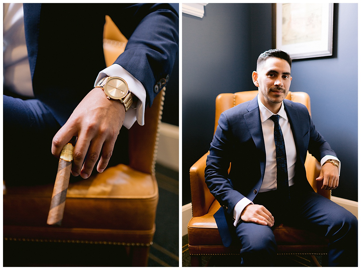 Detail shot of Renato's watch, portrait of Renato before the Golden Gate Club Wedding 