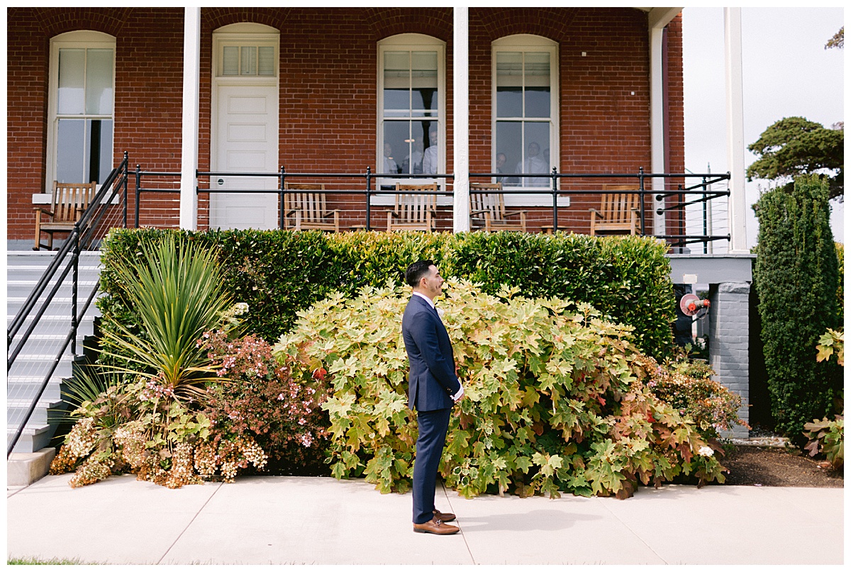 Renato waiting for Keyla for their first look before their Golden Gate Club Wedding 