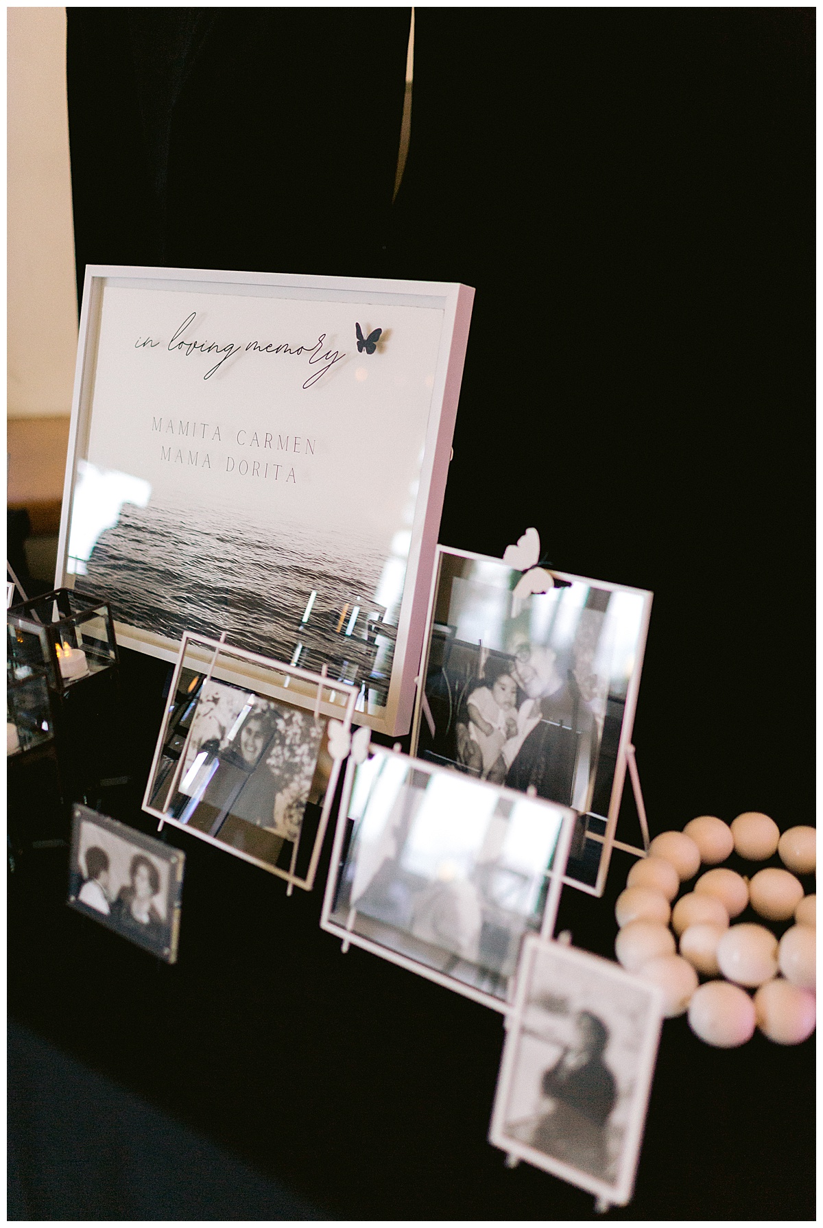Memorial table, black and white photos