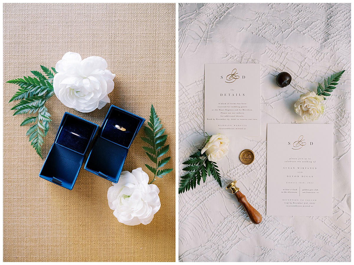 Wedding rings and custom stationary for the Golden Gate Club wedding