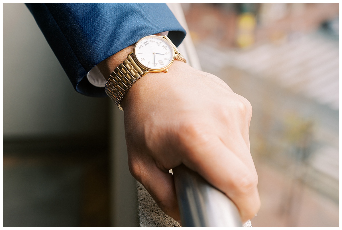 Detail shot of Devon's watch before the Golden Gate Club ceremony