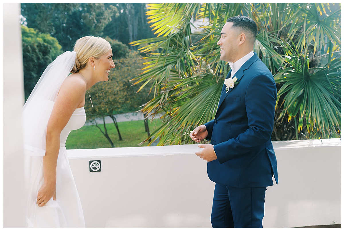Susie and Devon's first look before their Golden Gate Club wedding ceremony