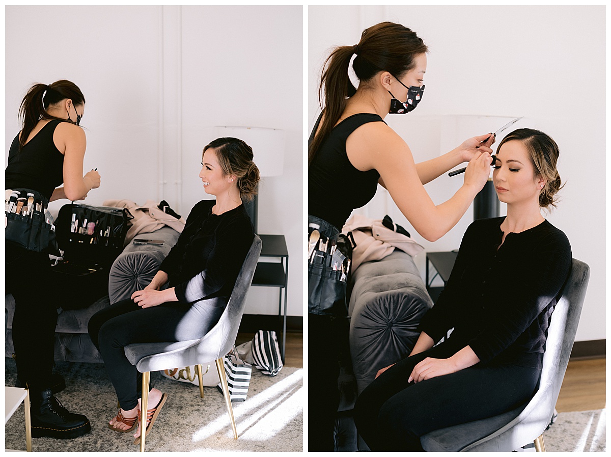 Vivian getting her bridal make-up done for the outdoor Presidio Chapel wedding