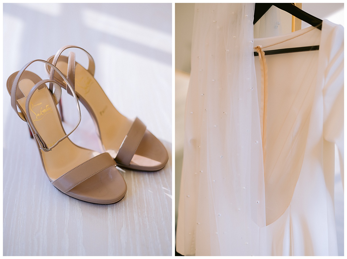 Vivian's bridal shoes, wedding dress and bridal veil before the outdoor Presidio Chapel wedding