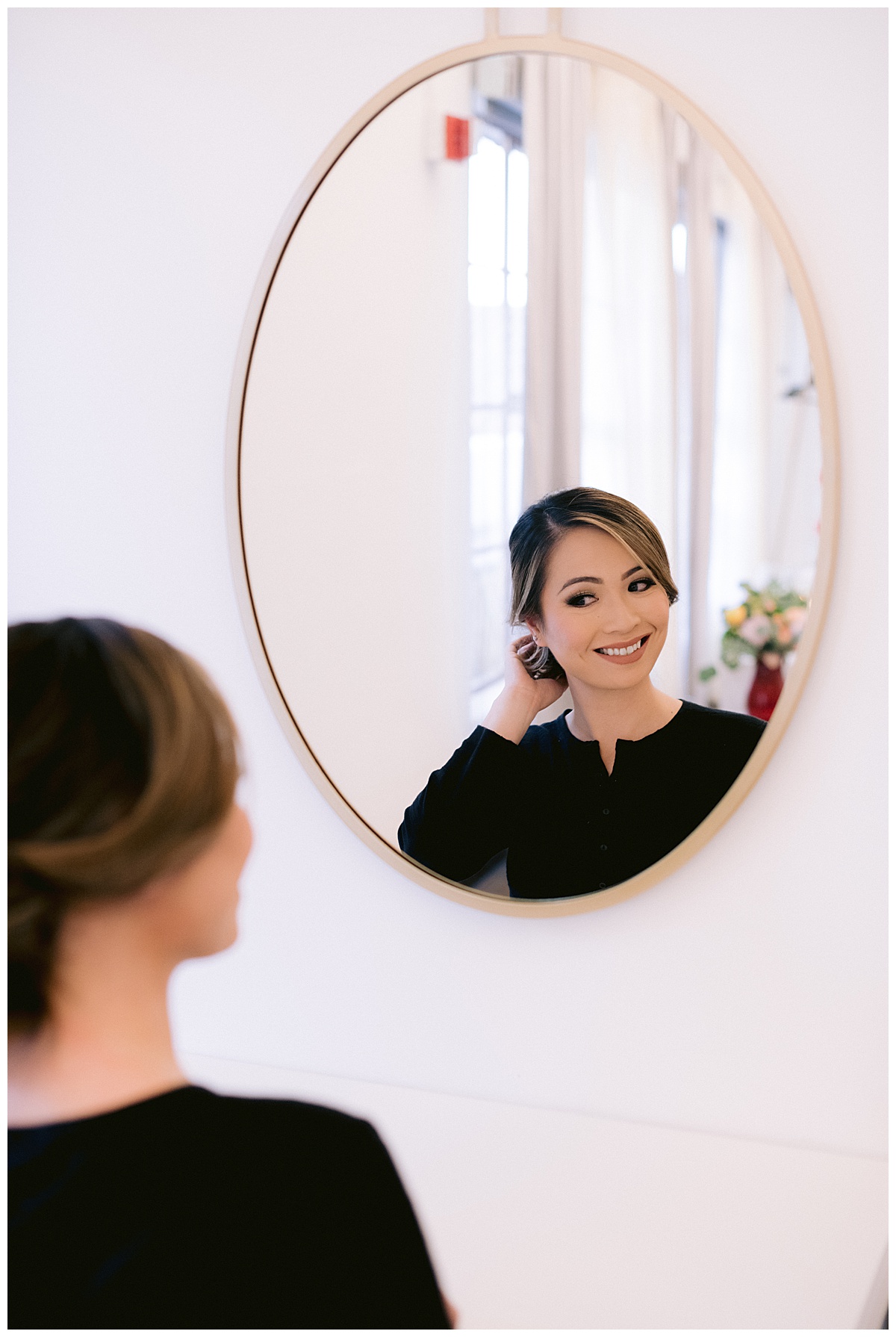 Vivian with her hair and make up done for the outdoor Presidio Chapel wedding