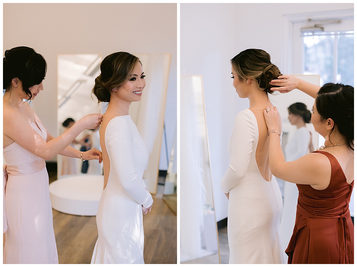 Vivian putting on her wedding dress for the outdoor Presidio Chapel wedding