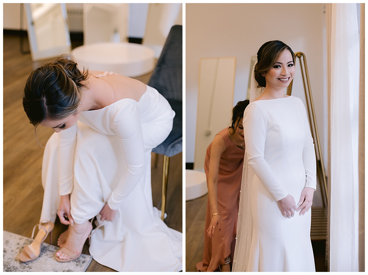 Vivian putting on her bridal shoes, portrait of Vivian before the outdoor Presidio Chapel wedding