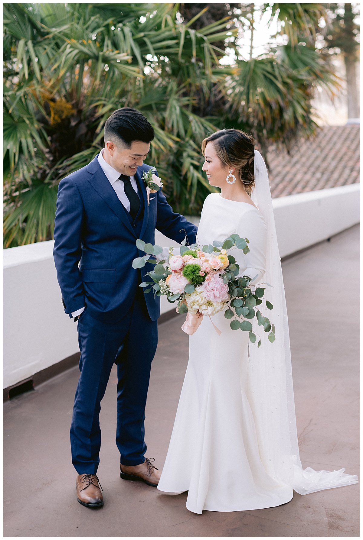 Vivian and Edward's first look before their outdoor Presidio Chapel wedding