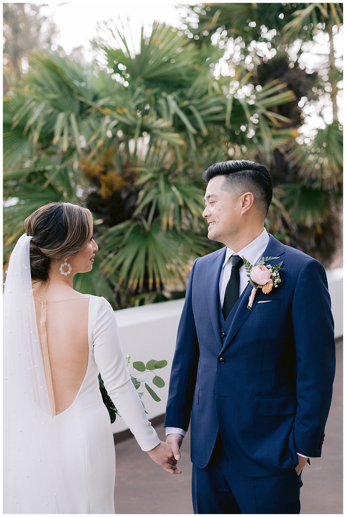 Portrait of Vivian and Edward before their outdoor Presidio Chapel wedding ceremony