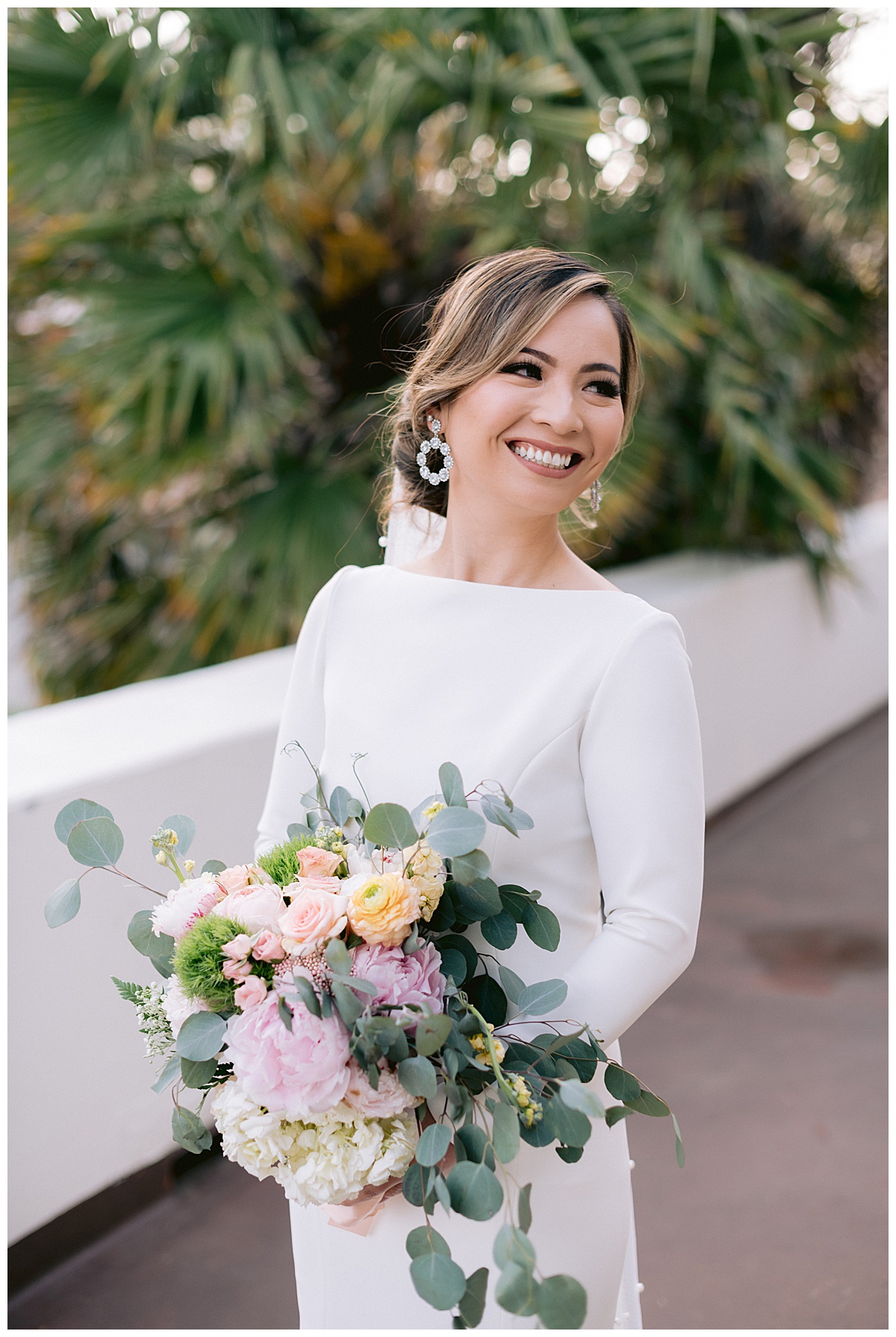 Vivian with her bridal bouquet before the outdoor Presidio Chapel wedding ceremony