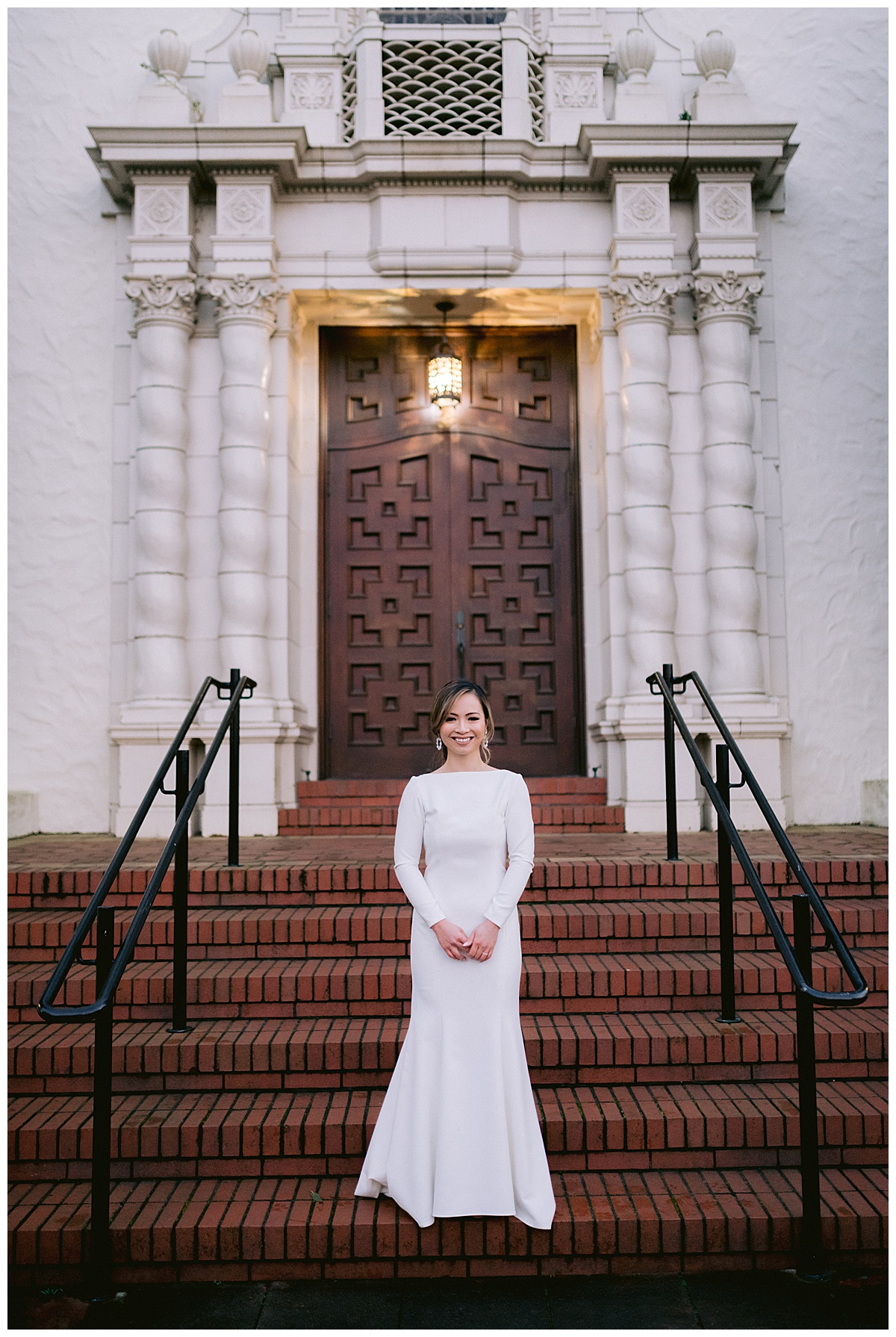 Portrait of Vivian in front of the Presidio Chapel before the wedding