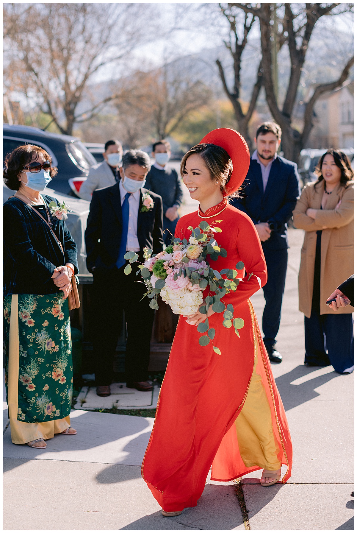 Vivian with her bridal bouquet before the tea ceremony