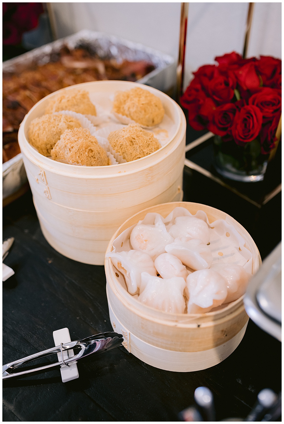 Food offerings at the tea ceremony in a bamboo steamer