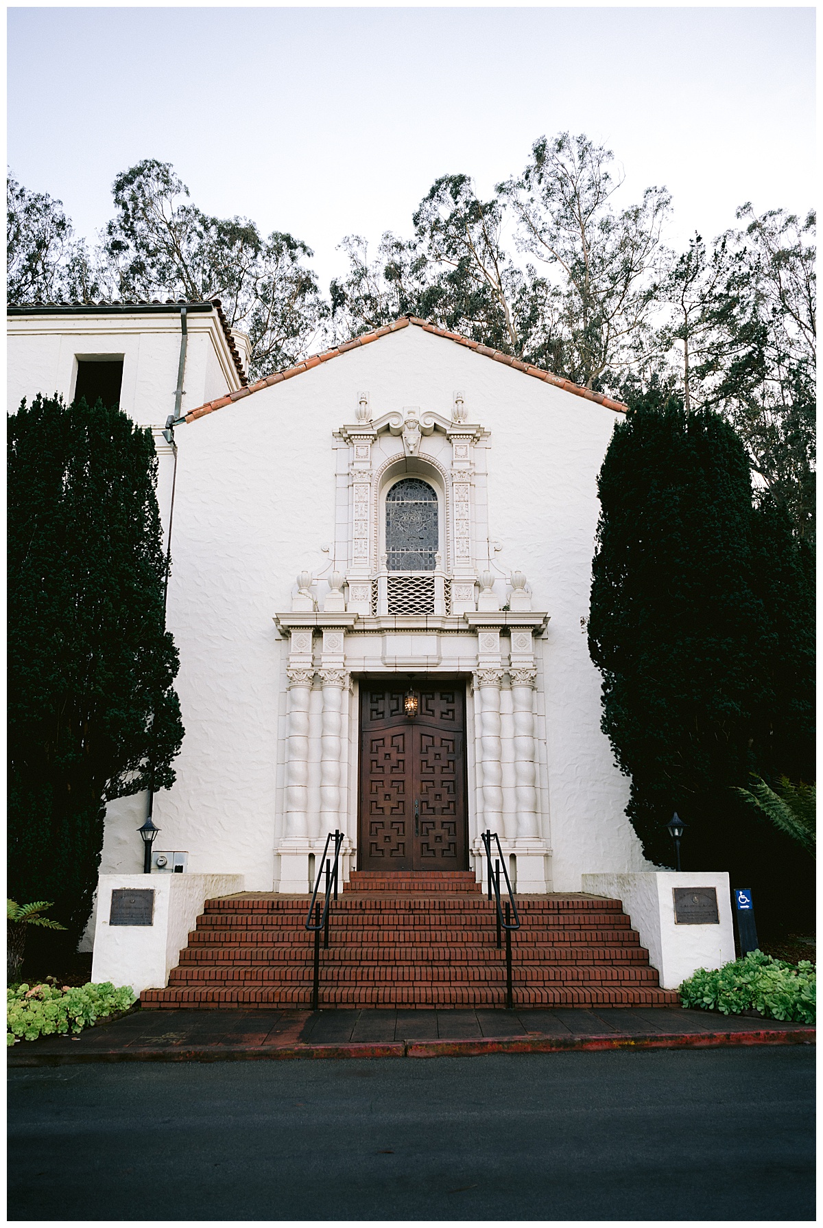 Front of the Presidio Chapel before the outdoor Presidio Chapel wedding ceremony