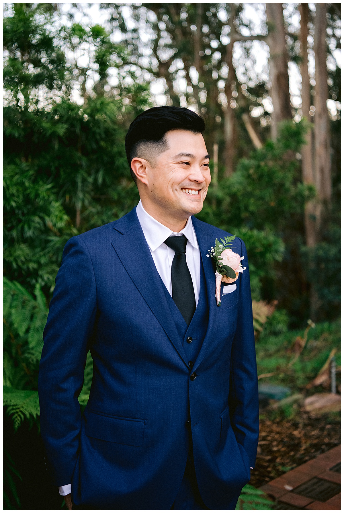 Edward waiting at the altar for Vivian for their outdoor Presidio Chapel wedding cermony