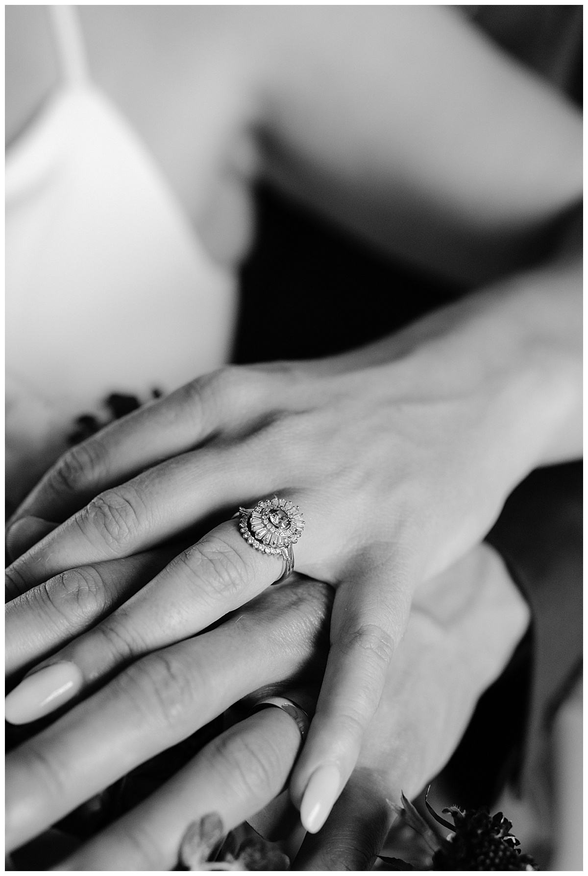 Black and white photo of Hillary's wedding ring