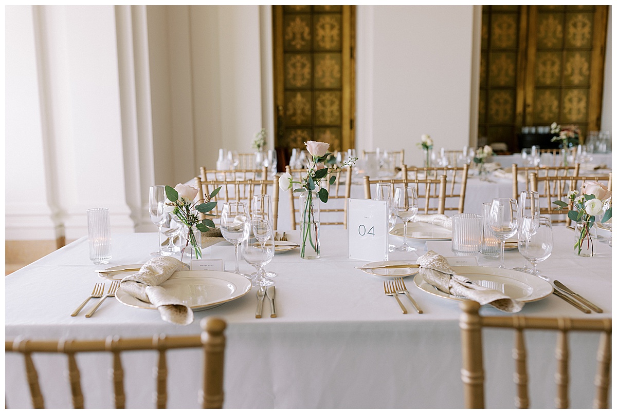 all white reception dinner table details 