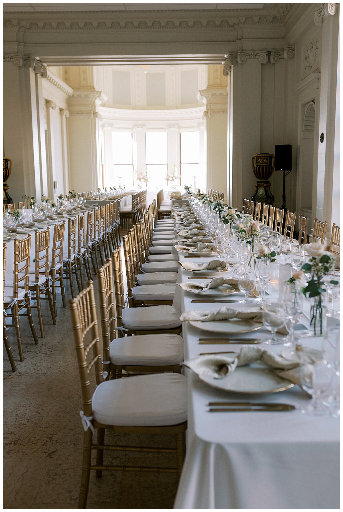 gold and white wedding reception dinner table details