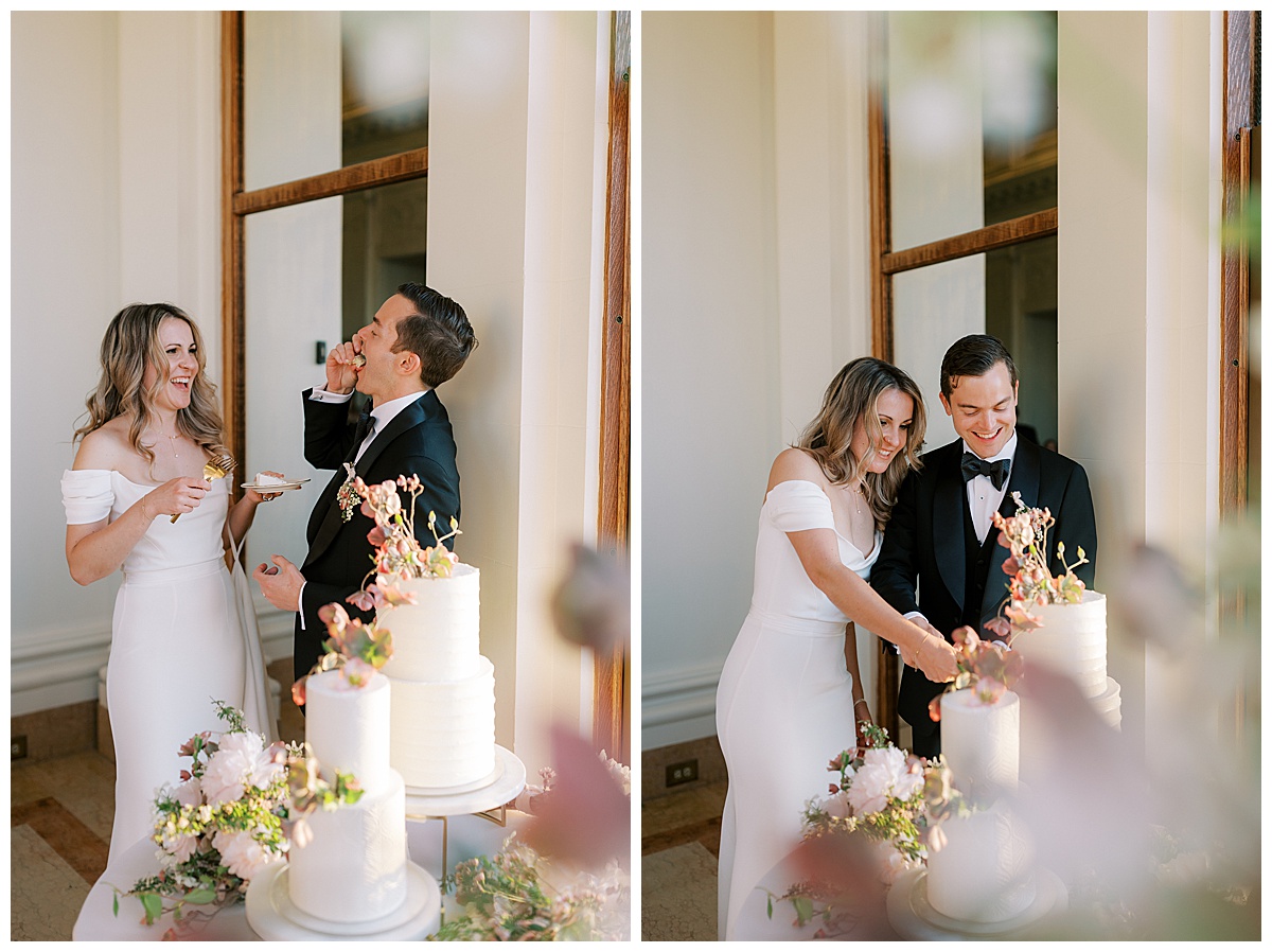 newlyweds cutting cake at wedding reception
