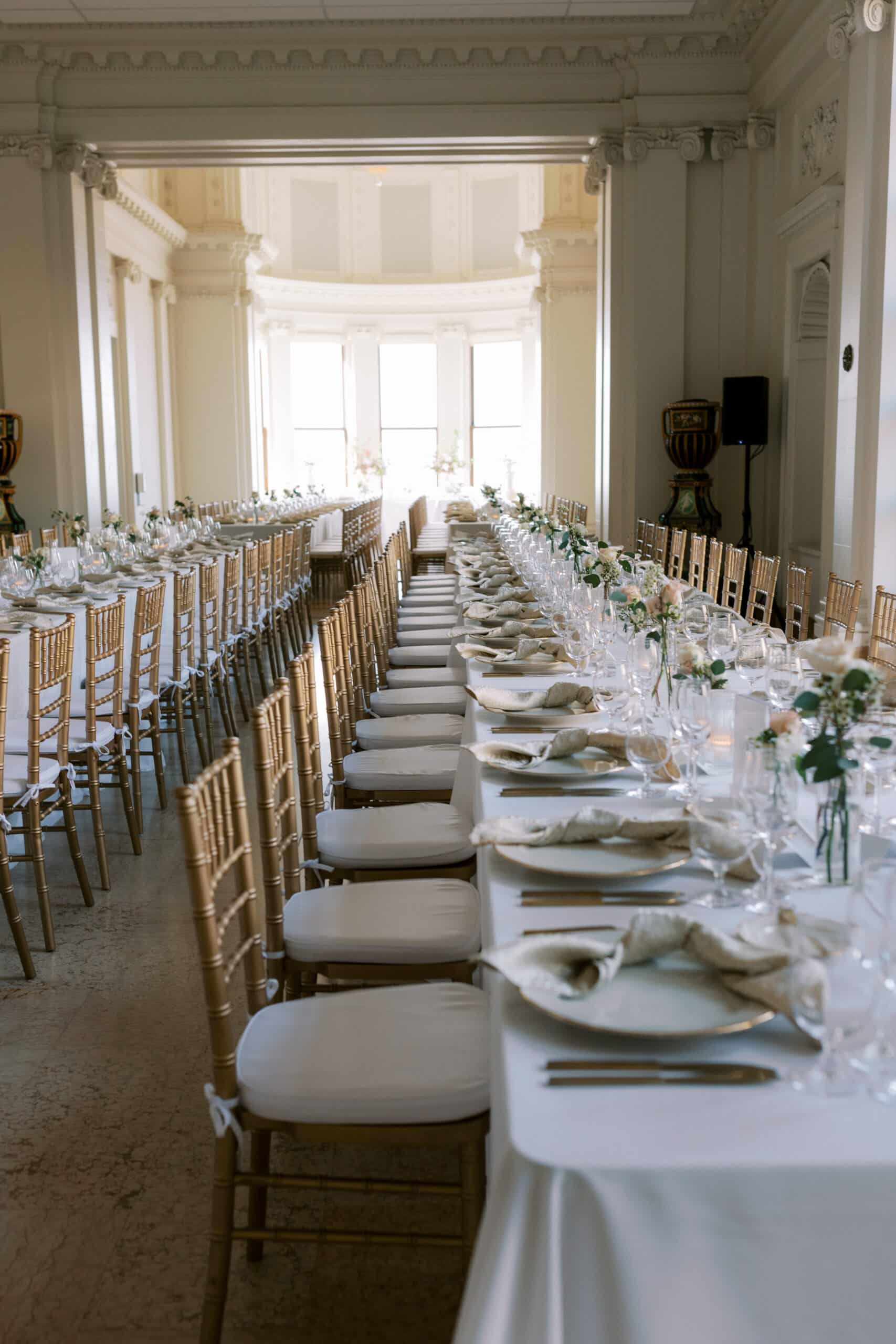 long tables for wedding reception at Flood Mansion