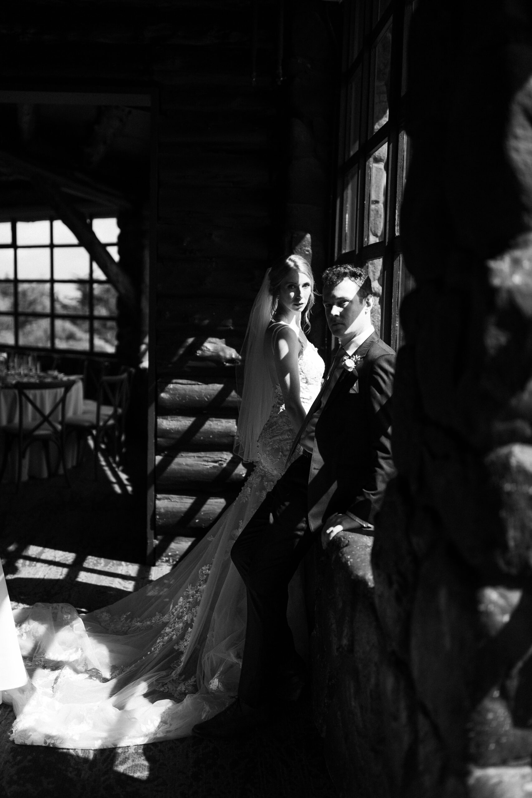 black and white couples portrait at presidio log cabin