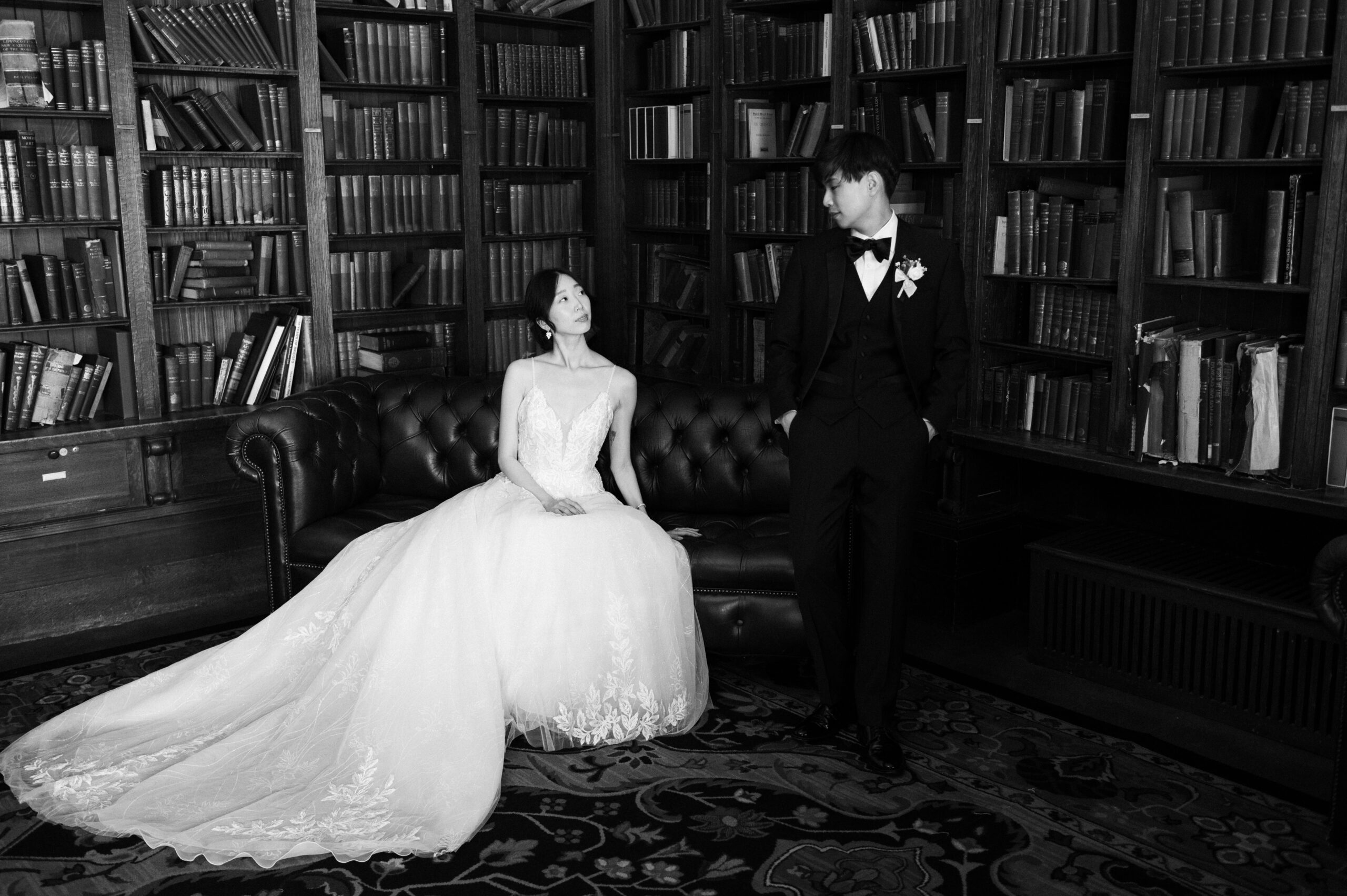 Married couple in library of S University Club of San Francisco