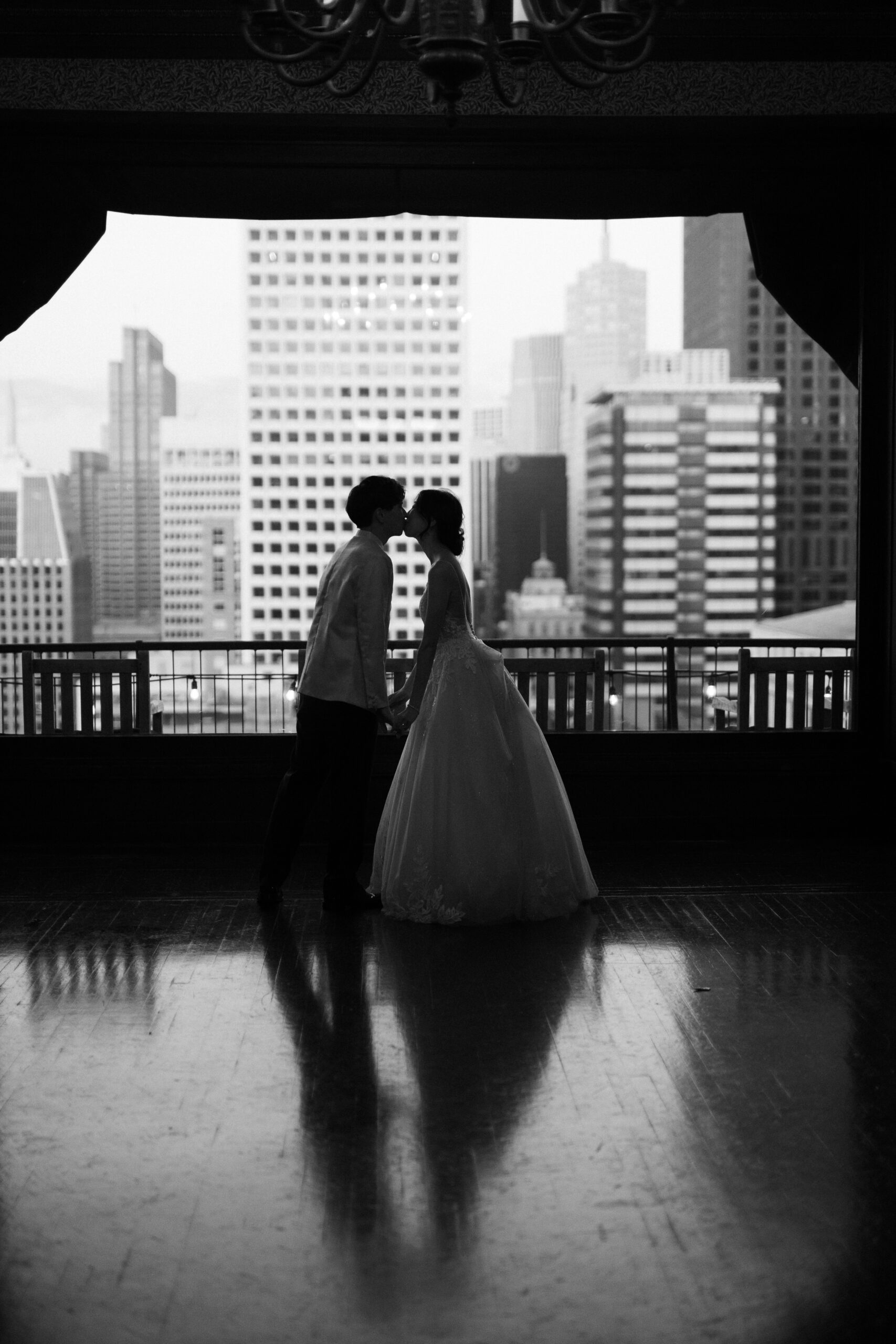 Silhouette of married couple kissing at University Club of San Francisco