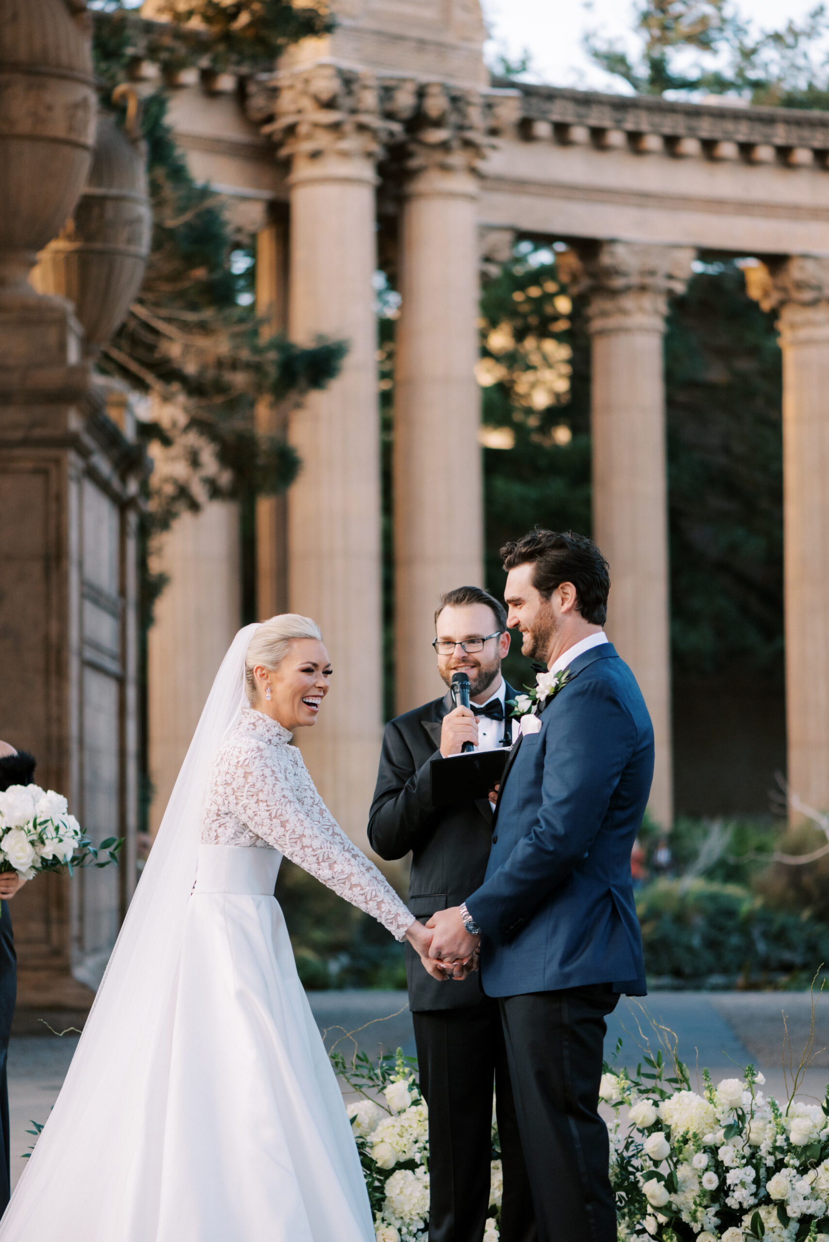 couple laughing at the alter palace of fine arts wedding