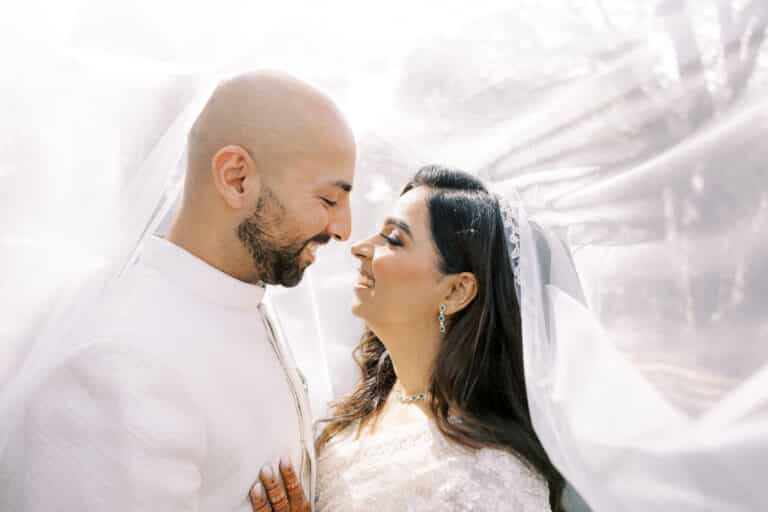 Indian wedding couple under the brides veil
