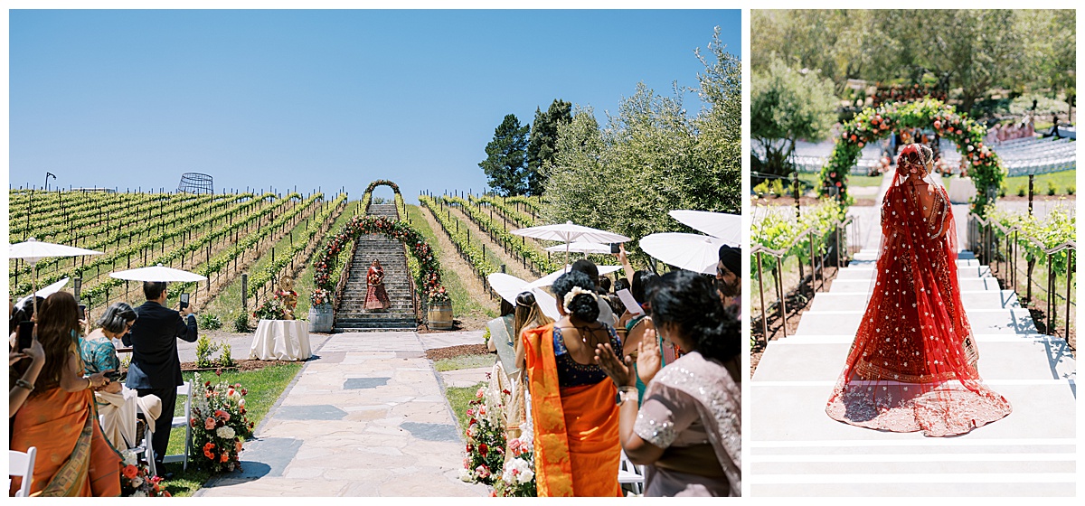 bride comes down staircase at Nella Terra cellars during indian ceremony