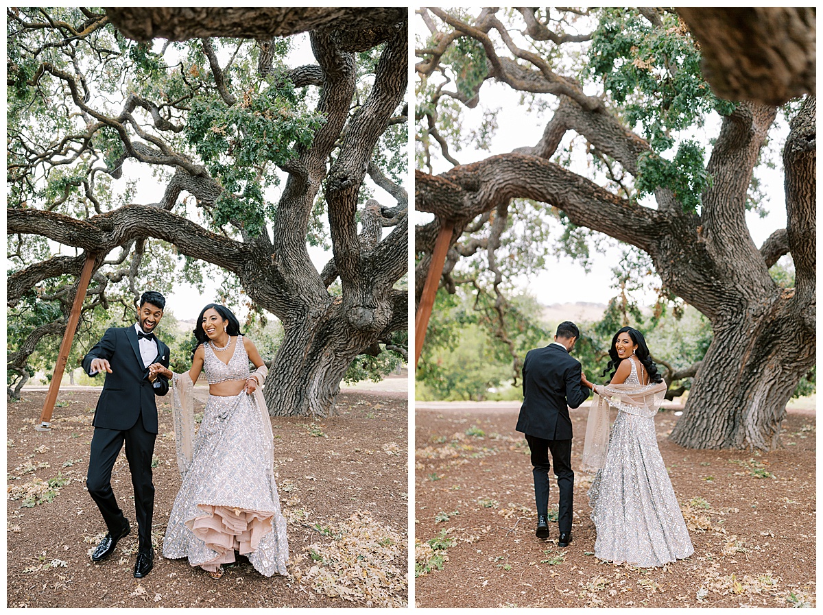 Playful couples portraits under the tree at the club at ruby hill