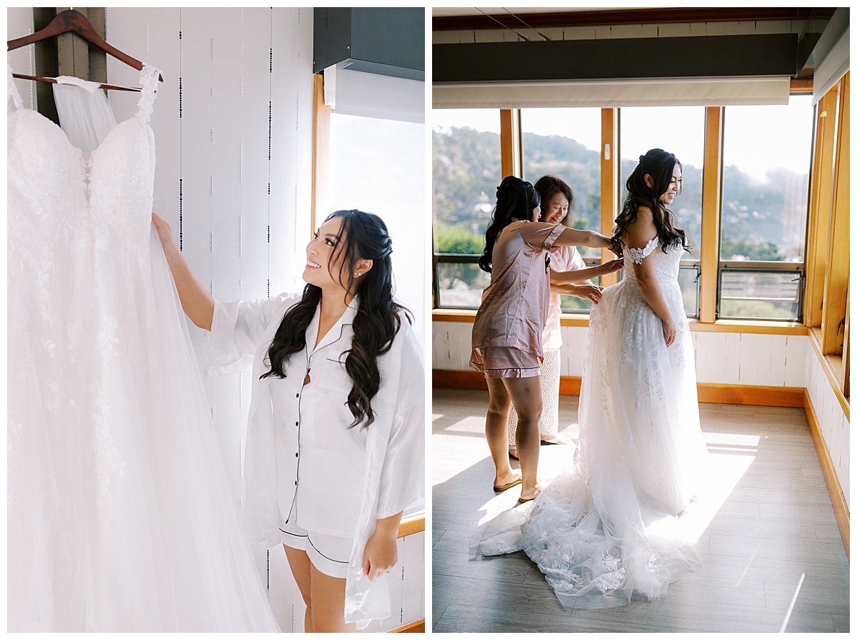bride getting ready with mom and friend at carmel highlands Hyatt