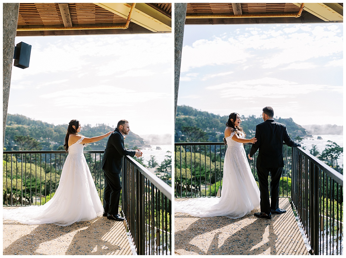 bride and groom first look photos at carmel highlands Hyatt