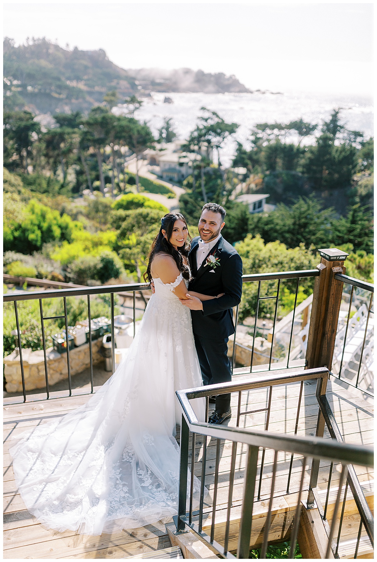 couple smiling at camera on balcony at carmel highlands Hyatt
