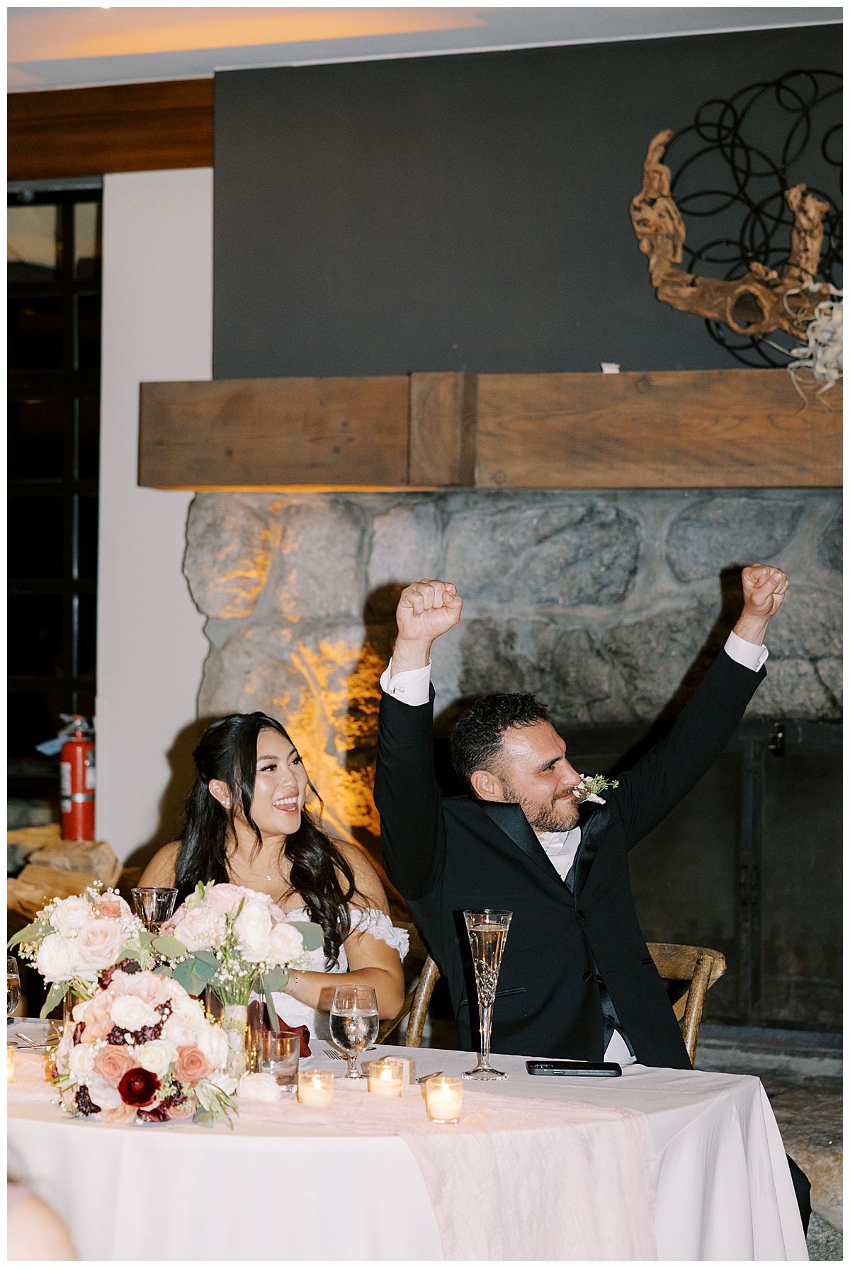 groom is celebrating during speeches at reception during their wedding at carmel highlands Hyatt 