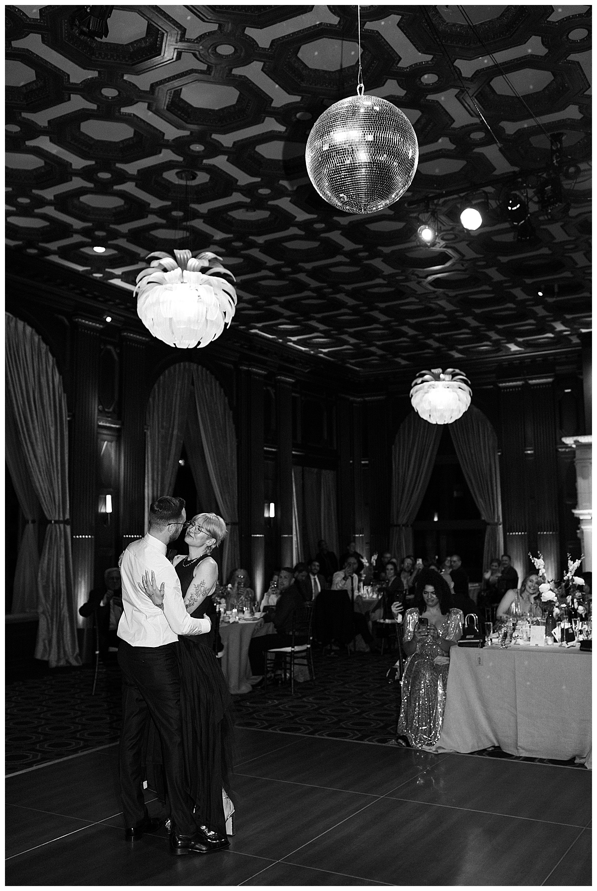 black and white photo of couples first dance at Julia Morgan ballroom