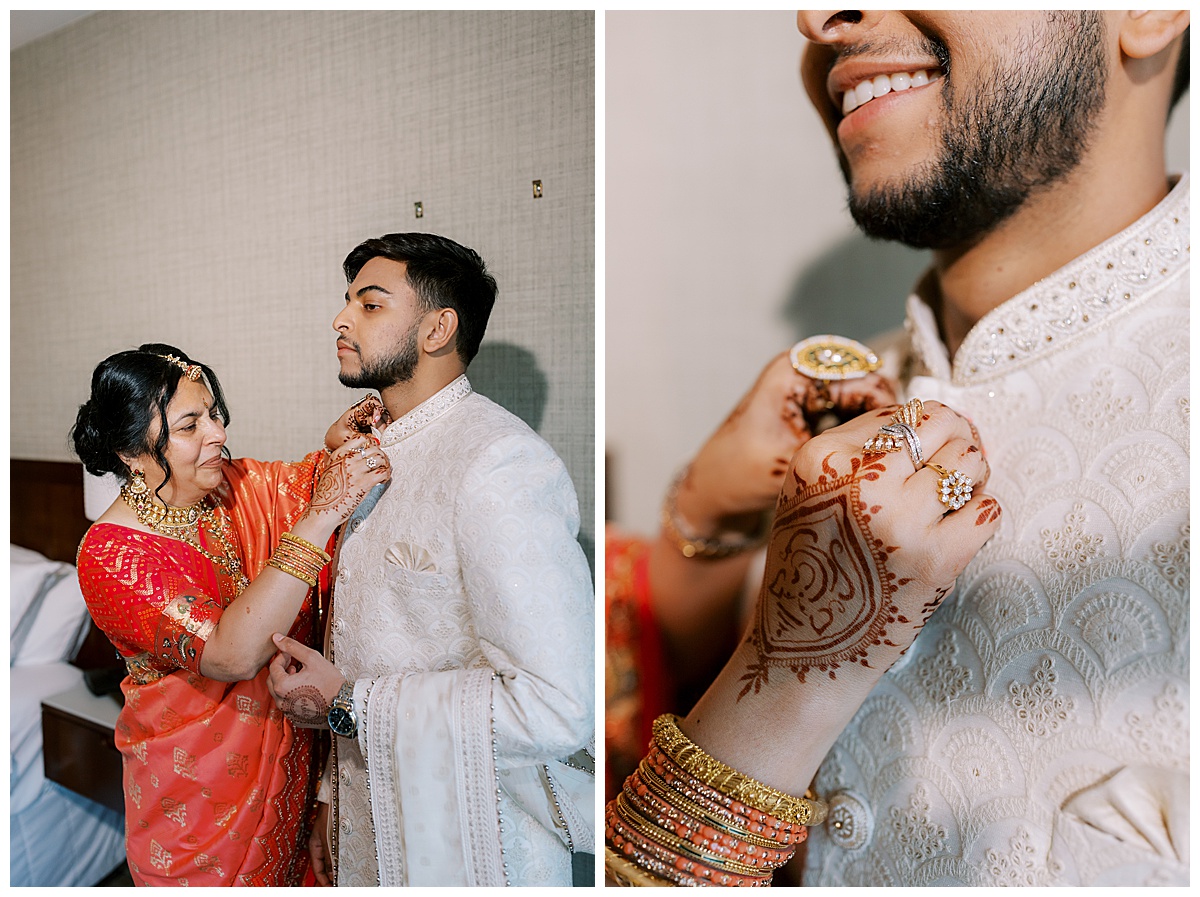 mother of the groom helping groom get ready at Hyatt sfo