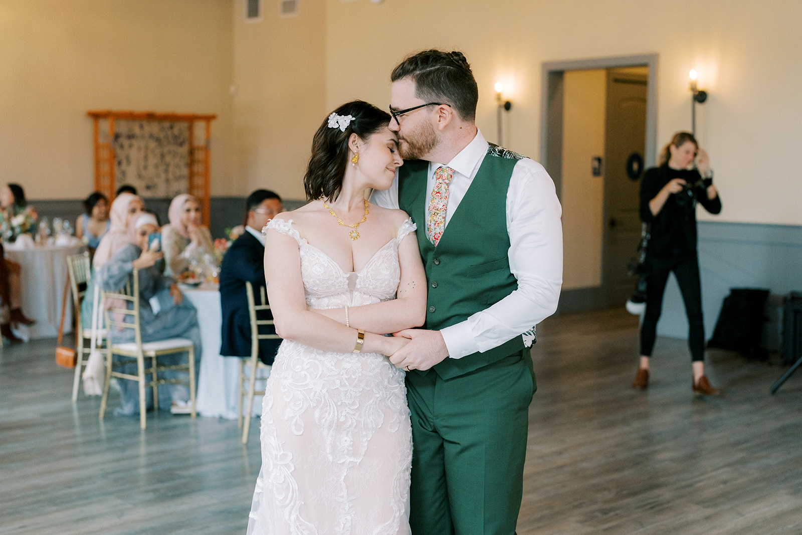 bride and groom sharing sweet moment during first dance
