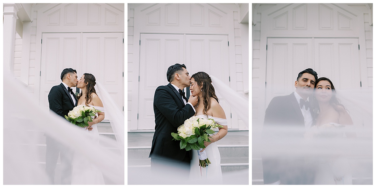 couples portraits in front of old st. Hilary's church after an elopement 