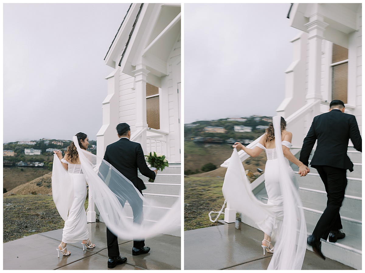 blurry photos of couple running into old st Hilarys church