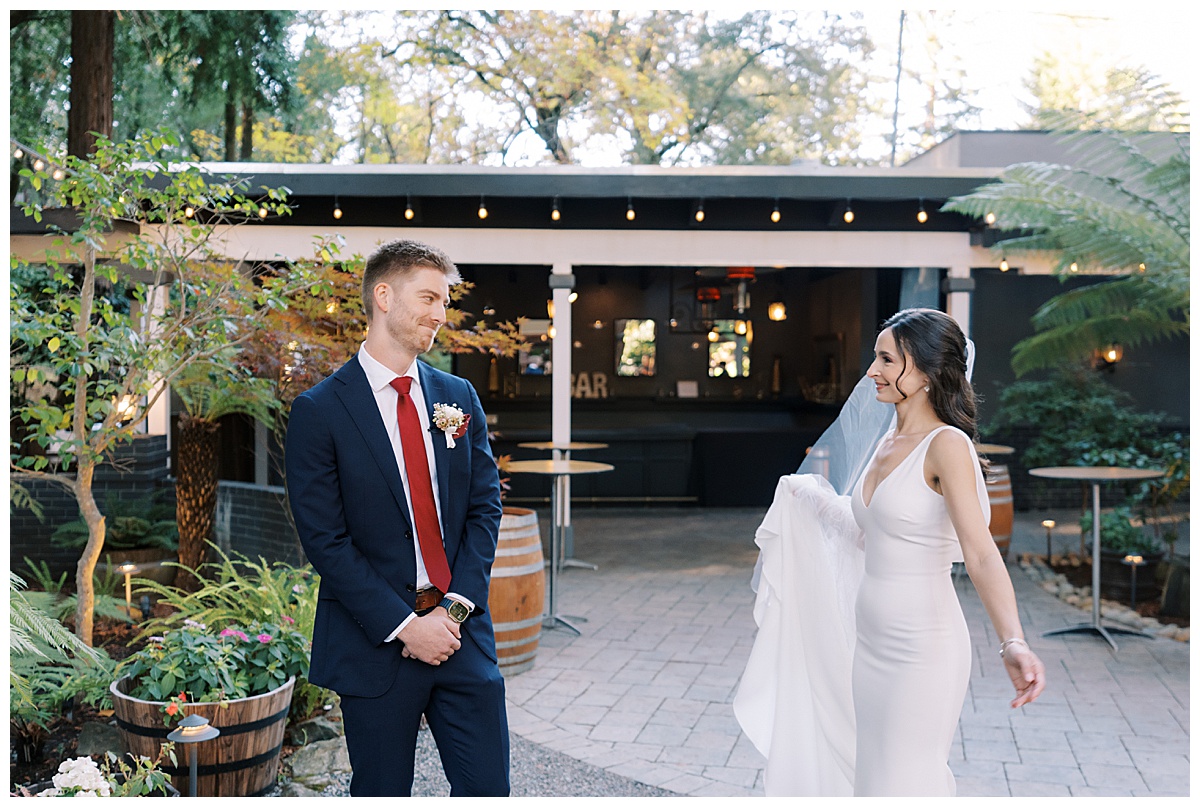 grooms reaction to seeing bride for the first time during first look at deer park villa