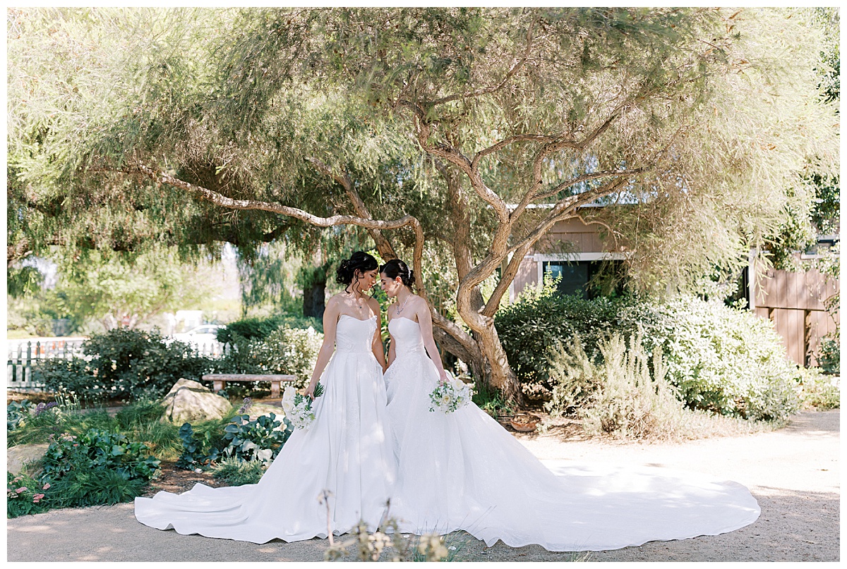 two brides in gowns standing under an oak tree at maravilla gardens in camarillo california