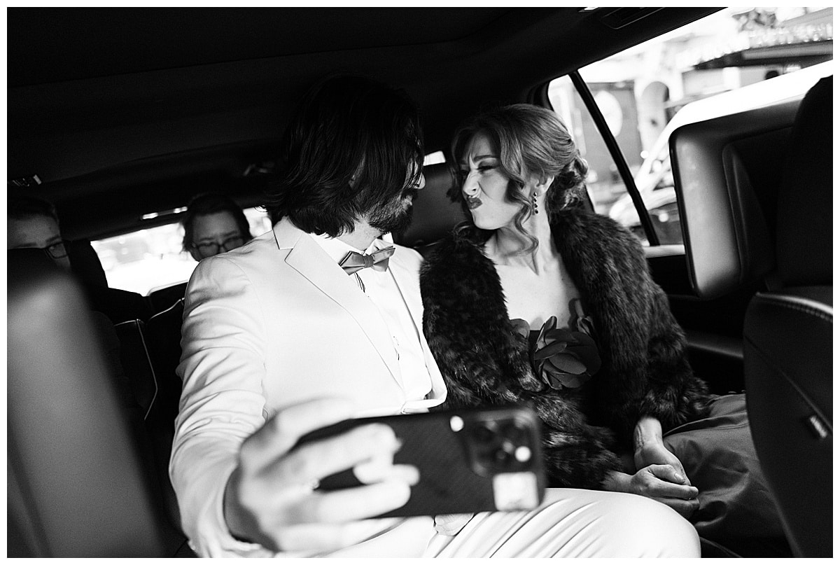 bride and groom Ubering to sf city hall on their wedding day