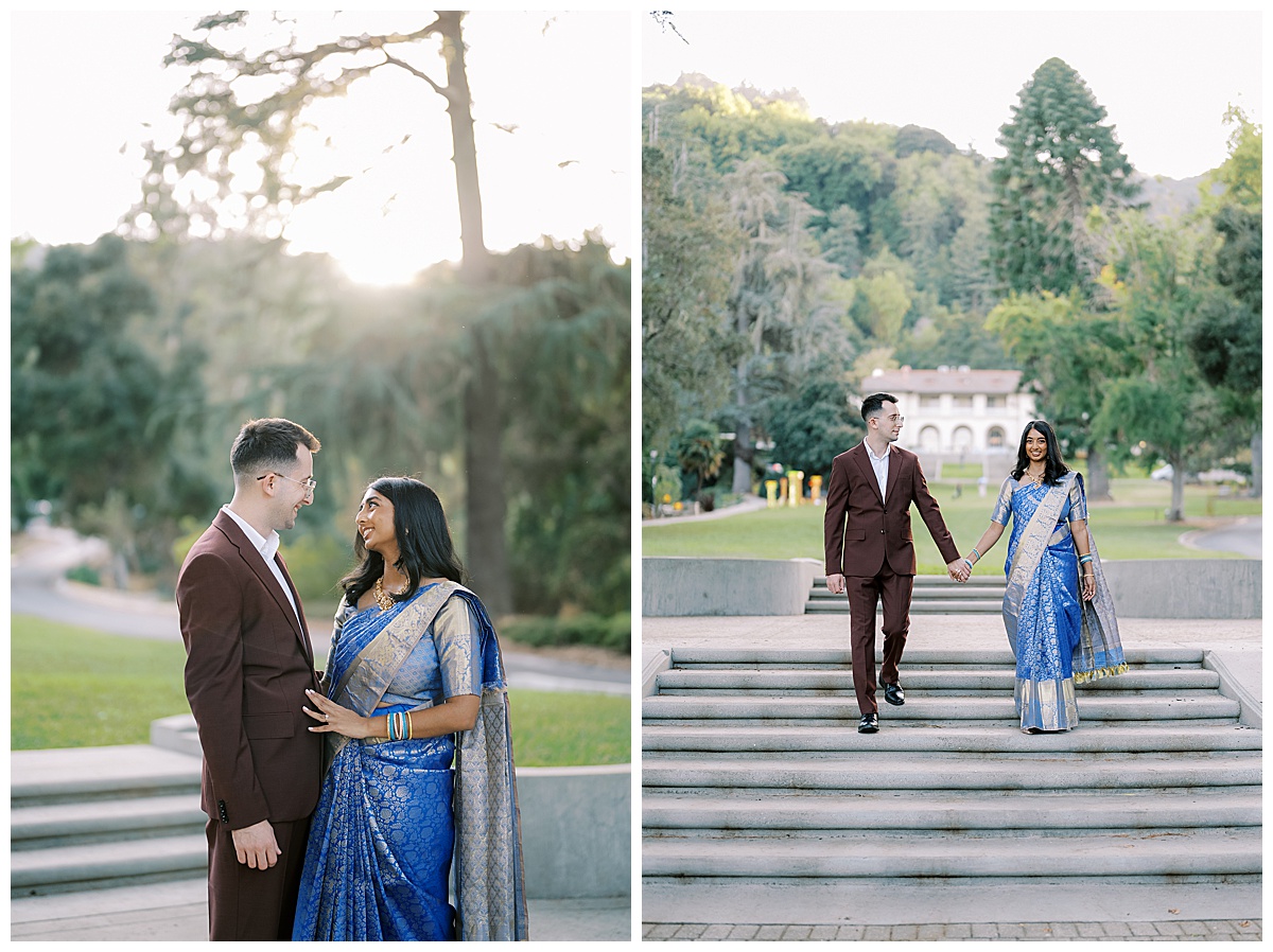 couple walking in front of Montalvo arts center during engagement session